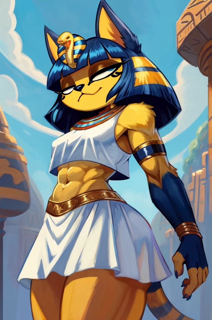 ((best quality)), ((masterpiece)), (detailed), a digital sideview artwork of ankha with abs wearing a crop top of her white sleeveless dress with white long skirt, a bare midriff and a bare navel, ((trending on artstation)), ((4k)), furry, anthro style, 2d style, smug face,blue Egyptian handbands