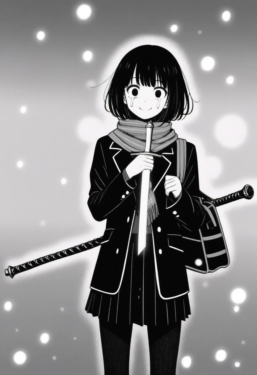 masterpiece, best quality, 1girl, mamerakkkkko, grayscale, manga style, japanese, chi no wadachi, black eyes, street, iced, black hair, schoolbag, smile, lineart, black coat, black scarf, black pleated skirt, leggings, centered, 18 years old, tall, fair skinned, bokeh background, crying, tears, tears streaming, bob cut, light particles, snowing, (((holding long sword with a steel hilt and woven handle, perfect hand, detailed hand:1.1)), emotional anime scene