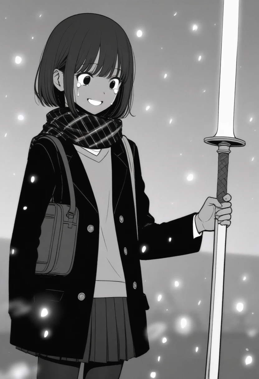 masterpiece, best quality, 1girl, mamerakkkkko, grayscale, manga style, japanese, chi no wadachi, black eyes, street, iced, black hair, schoolbag, smile, lineart, black coat, black scarf, black pleated skirt, leggings, centered, 18 years old, tall, fair skinned, bokeh background, crying, tears, tears streaming, bob cut, light particles, snowing, (((holding long sword with a steel hilt and woven handle, perfect hand, detailed hand:1.1)), emotional anime scene
