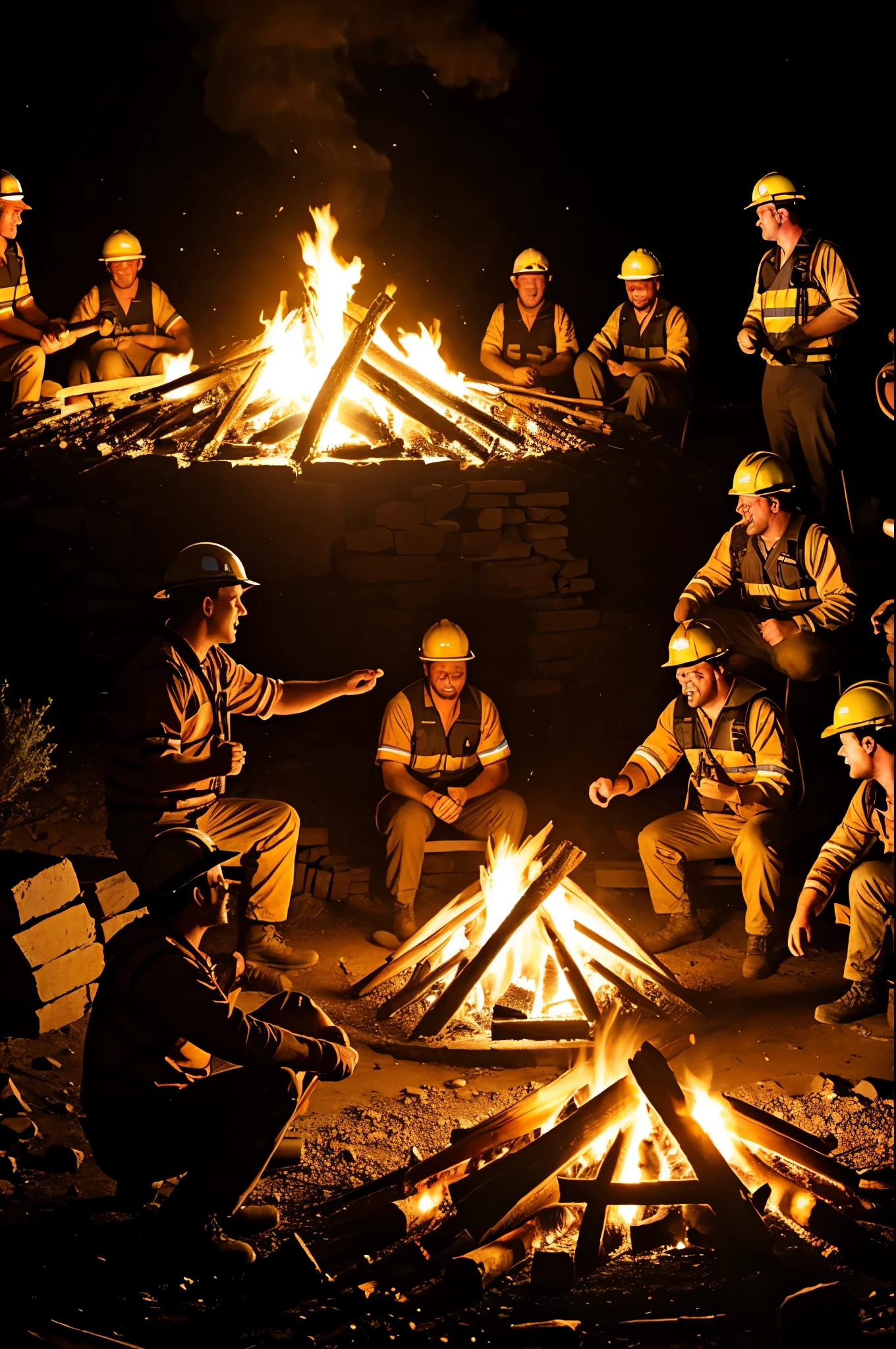 miners celebrating around the fire 