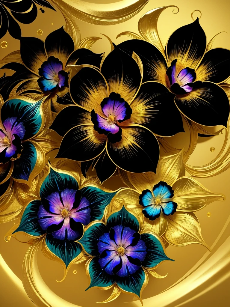 black tropical flowers made of transparen color liquids, an attractive iridescent fractal universal gold background, pov, masterpiece
