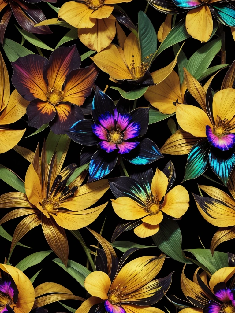 black tropical flowers made of transparen color liquids, an attractive iridescent fractal universal gold background, pov, masterpiece