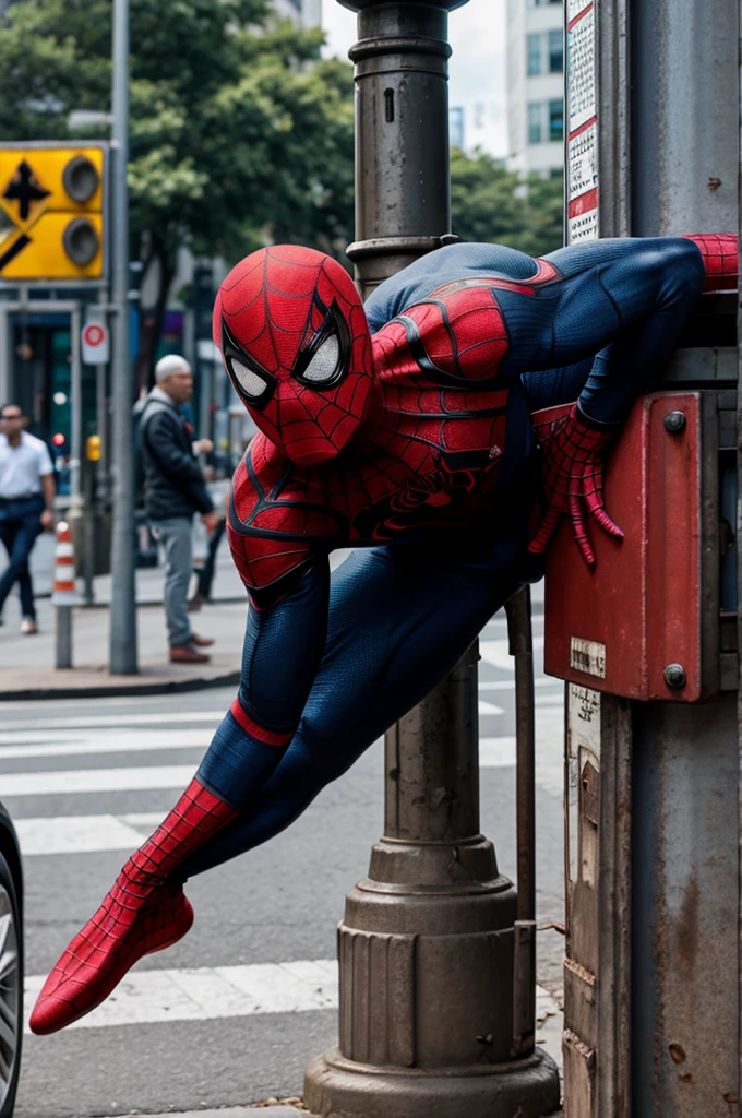Spiderman twerking on a traffic light