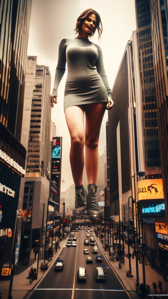 A giant woman sitting on the street playing with a cyberpunk city car, Little guys running around the giant girl, Standing on her hand, cgsociety 9, fantasy art, unreal engine render + a female spirit, whole body cgsociety, artgerm ; Surreal content, giant art, super detailed matte paintings, super detailed matte paintings, realistic fantasy art, realistic style. Beautiful girl. Big thighs."Small people standing on the roof of a tall building waving to the girl."Wearing short skirts.Jennifer Lawrence.
