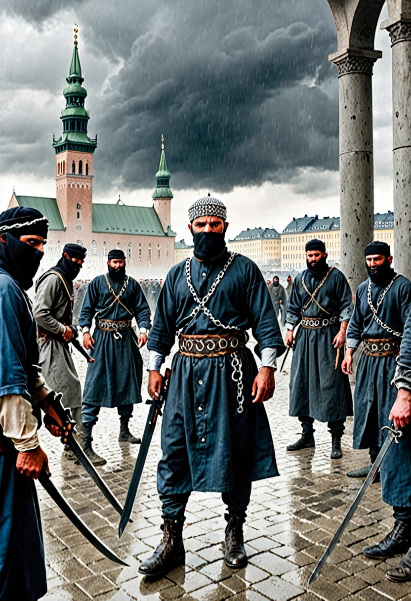 In a dystopian Nordic capital, a scene of intense tension unfolds. Armed Muslim conquerors in traditional attire, equipped with modern weapons, stand dominantly over shackled European prisoners. The Europeans, dressed in tattered clothes, are chained by their feet, showing clear signs of humiliation and despair. The architecture around them mixes classic Nordic styles with Islamic elements, symbolizing the forceful cultural integration. Dark clouds loom overhead, casting a somber and foreboding shadow over the city. The atmosphere is heavy with oppression and resistance, captured in a cinematic, high-quality visual style that evokes a powerful emotional response.