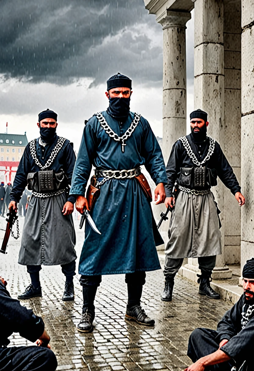 In a dystopian Nordic capital, a scene of intense tension unfolds. Armed Muslim conquerors in traditional attire, equipped with modern weapons, stand dominantly over shackled European prisoners. The Europeans, dressed in tattered clothes, are chained by their feet, showing clear signs of humiliation and despair. The architecture around them mixes classic Nordic styles with Islamic elements, symbolizing the forceful cultural integration. Dark clouds loom overhead, casting a somber and foreboding shadow over the city. The atmosphere is heavy with oppression and resistance, captured in a cinematic, high-quality visual style that evokes a powerful emotional response.