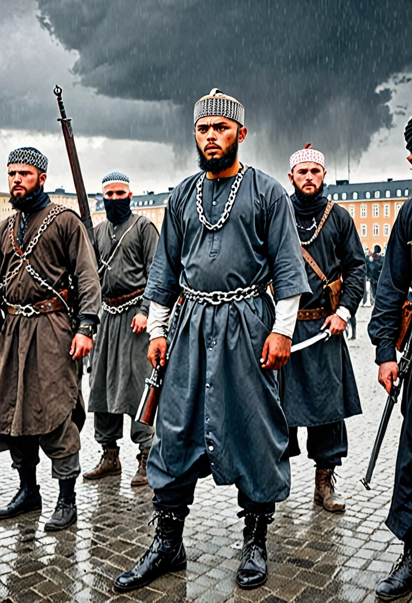 In a dystopian Nordic capital, a scene of intense tension unfolds. Armed Muslim conquerors in traditional attire, equipped with modern weapons, stand dominantly over shackled European prisoners. The Europeans, dressed in tattered clothes, are chained by their feet, showing clear signs of humiliation and despair. The architecture around them mixes classic Nordic styles with Islamic elements, symbolizing the forceful cultural integration. Dark clouds loom overhead, casting a somber and foreboding shadow over the city. The atmosphere is heavy with oppression and resistance, captured in a cinematic, high-quality visual style that evokes a powerful emotional response.