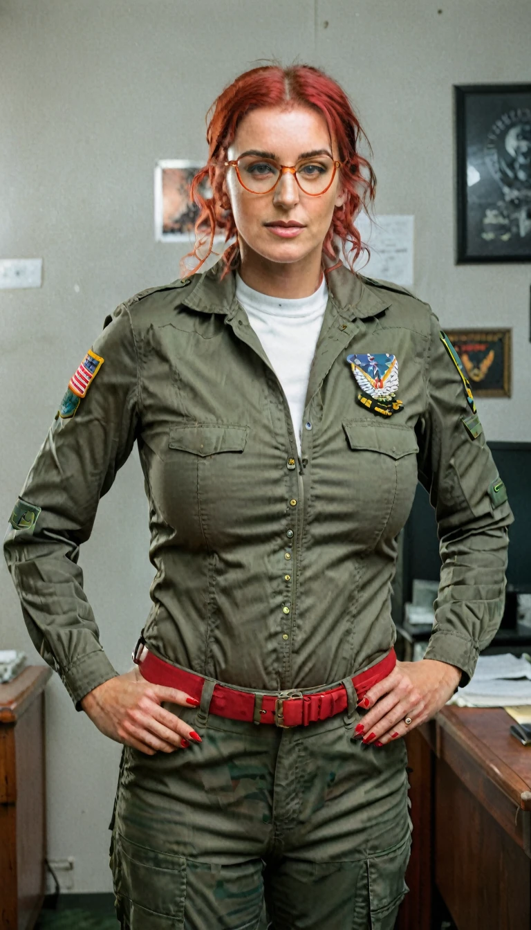 50y old american female with glasses and a fiery red ponytail haircut posing with her hands on her hips, military office outfit, freckles, detailed face, detailed eyes, dark makeup, (big boobs:1.3), big ass, thicc tights, papers on hand, film photography style, medium grain, raw photo, 35mm photography, tank behind