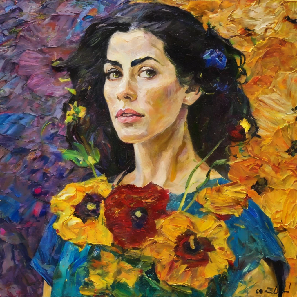 artmix01 monica belluci with a flower in a colorful t-shirt, Fondo de Gustav Klimt, masterpiece, extreme detail , perfect composition, 