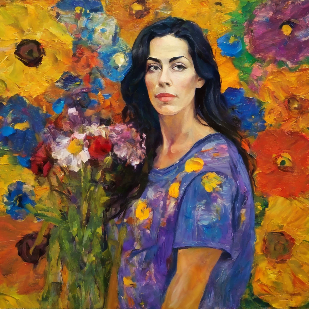 artmix01 monica belluci with a flower in a colorful t-shirt, Fondo de Gustav Klimt, masterpiece, extreme detail , perfect composition, 