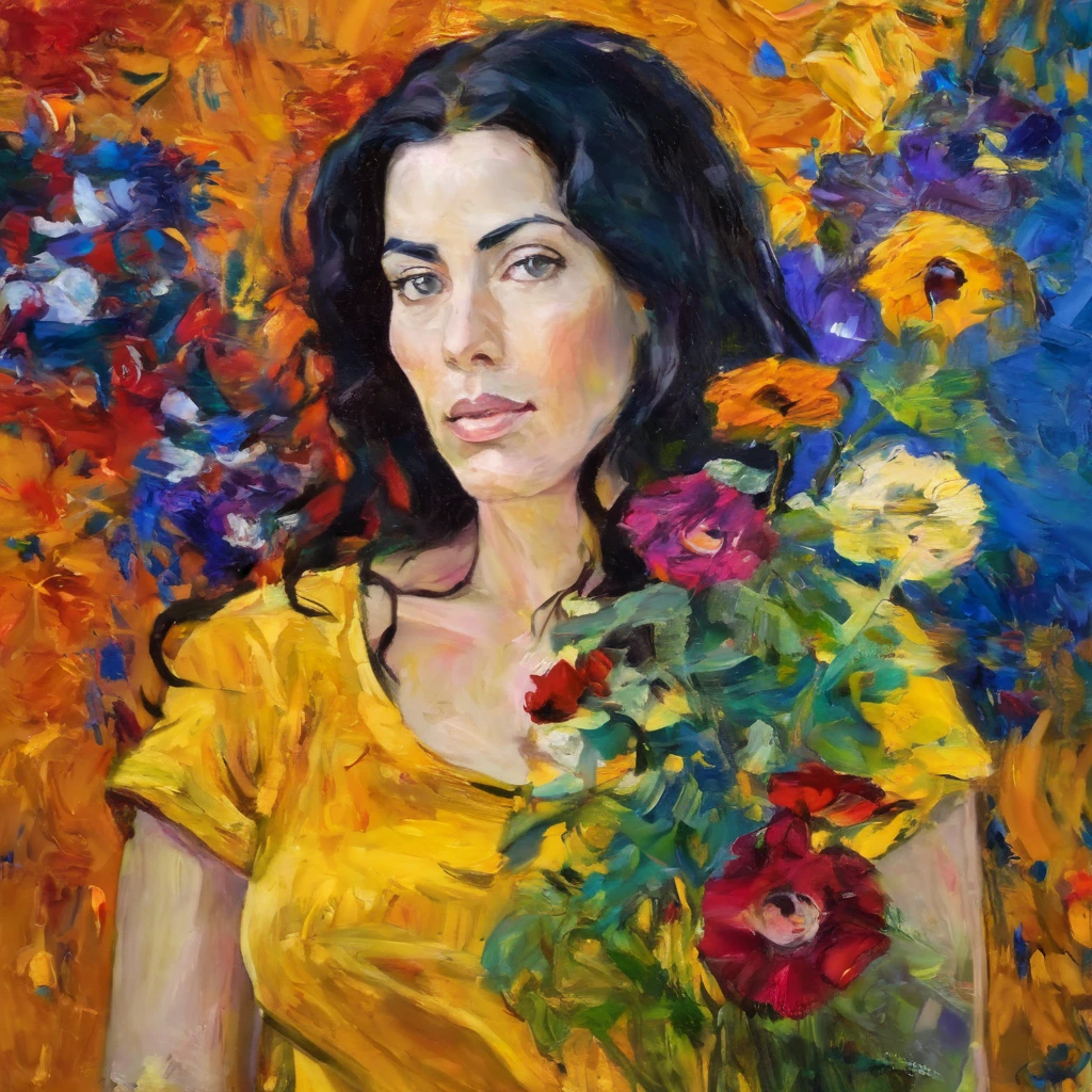 artmix01 monica belluci with a flower in a colorful t-shirt, Fondo de Gustav Klimt, masterpiece, extreme detail , perfect composition, 