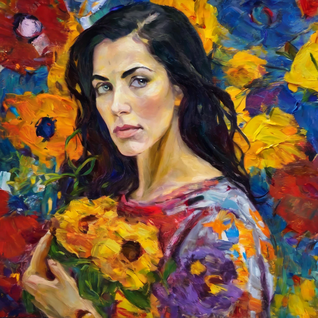 artmix01 monica belluci with a flower in a colorful t-shirt, Fondo de Gustav Klimt, masterpiece, extreme detail , perfect composition, 