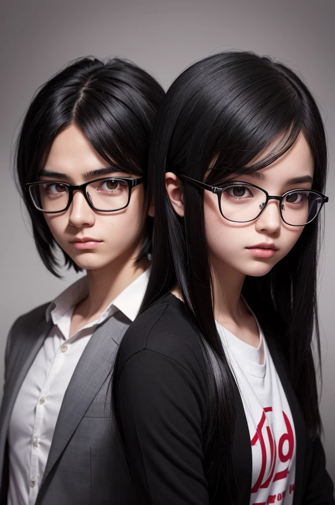 Make me an image of two students, a nerdy black-haired boy and a dark-haired black-haired girl, I want them to be enemies in which they like each other, I want them in a realistic style