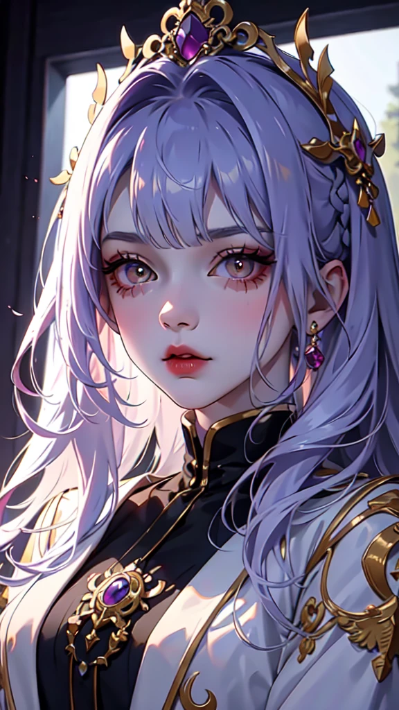 A ager with a purple bob hairstyle and striking yellow eyes, draped in a long coat adorned with intricate details, stands out in a mesmerizing portrait. The vibrant colors of her hair and eyes contrast with her darker attire, creating a visually striking image. Every aspect of the girl is meticulously rendered, from the detailed coat to the intense gaze of her eyes. The high-quality image captures her youthful energy and unique style, drawing viewers into the vivid world of the young woman.