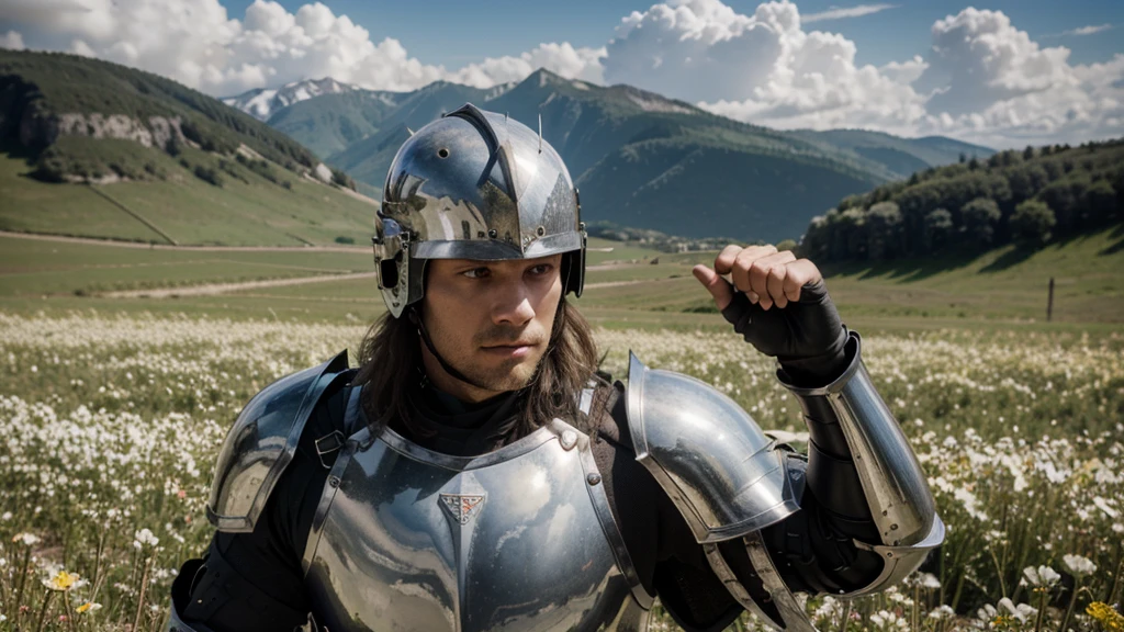 absurdres, high res, ultrasharp, 8K, masterpiece, 5 fingers each hand, 1 knight, 1 male, armor, full plate armor, flower field background, full head helmet