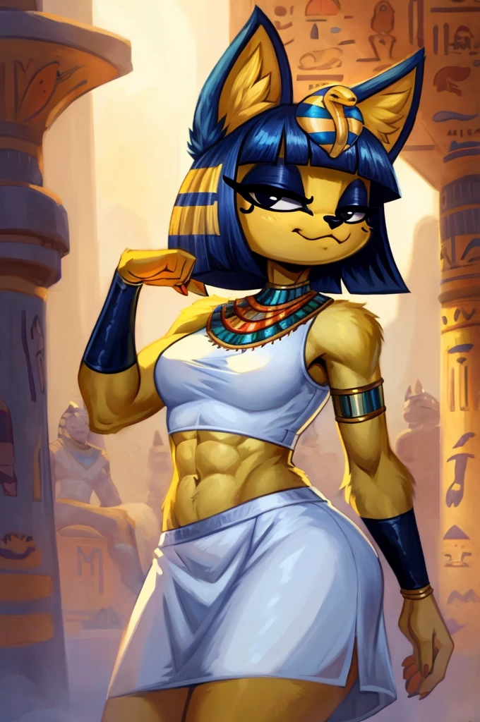 ((best quality)), ((masterpiece)), (detailed), a digital sideview artwork of ankha with abs wearing a crop top of her white sleeveless dress with white long skirt, a bare midriff and a bare navel, ((trending on artstation)), ((4k)), furry, anthro style, 2d style, smug face,blue Egyptian handbands
