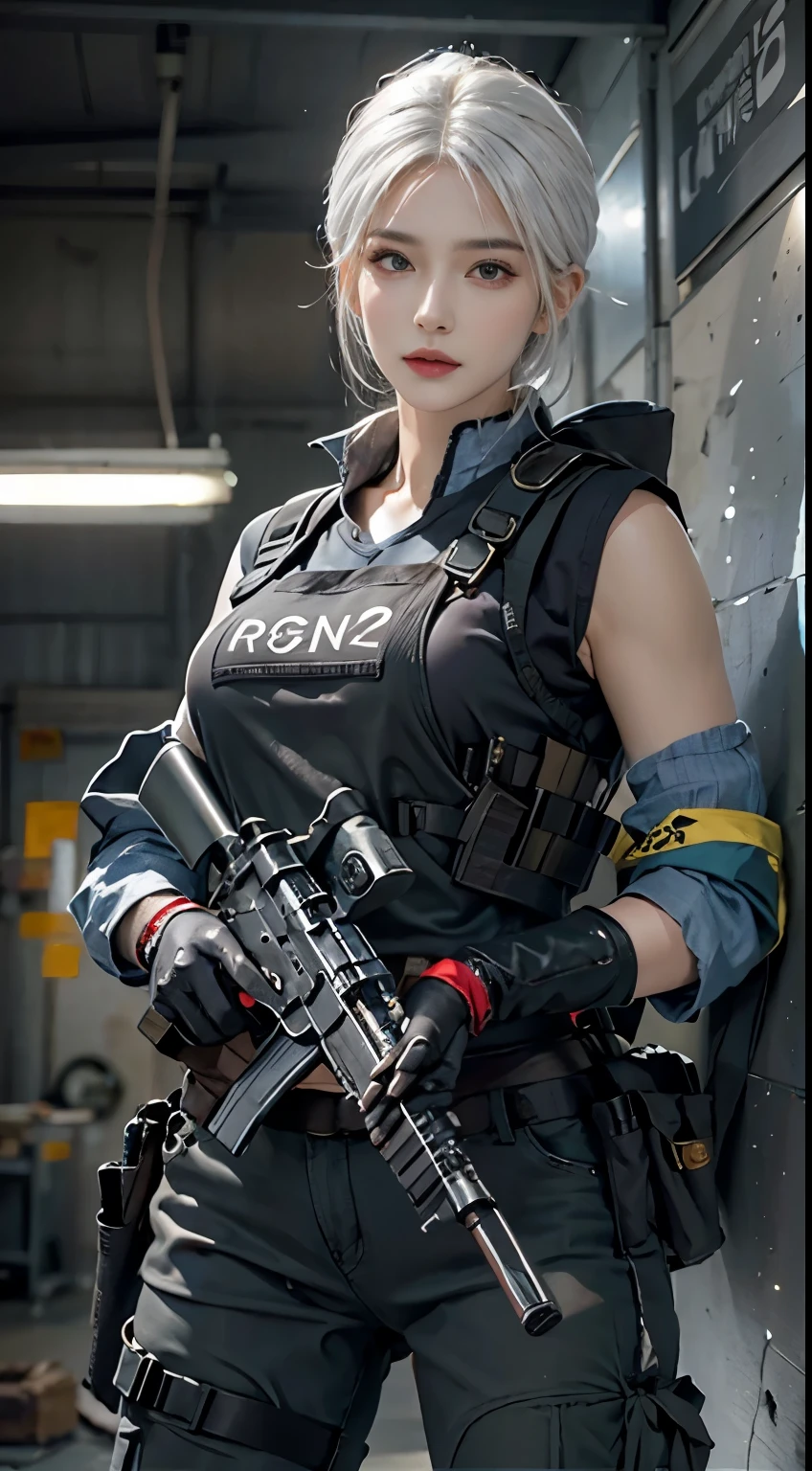 Photorealistic, high resolution, 1womanl, Solo, Hips up, view the viewer, (Detailed face), White hair, SWAT vests, Gun, jewelry