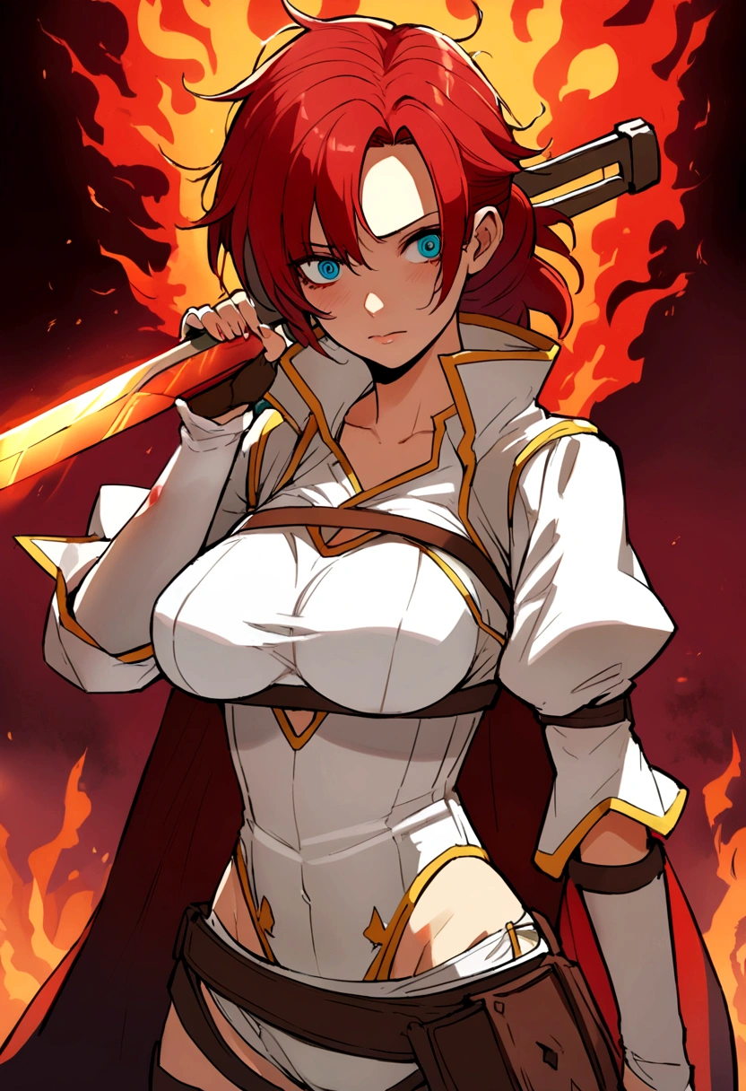 boudica \(destiny\), long red hair bleed,bloodshot eyes,gorgeous,Hold a broken sword,burning background,messy hair,tattered clothes,