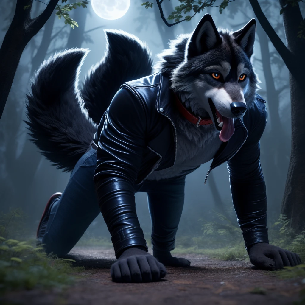 Running on all fours, Male, 30 years old, happy, mouth open with tongue hanging out, black leather jacket, anthro, wolf ears, (black fur:1.5), wolf, forest background, 8k, hi res, (best quality, masterpiece), (wolf tail:1.5), detailed fur, solo, night, leashing and collar, blue jeans,