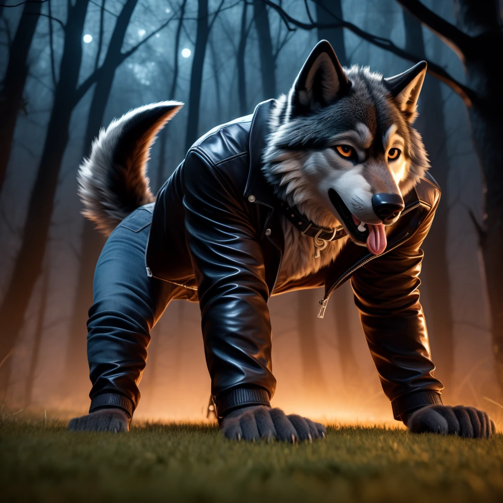 Running on all fours, Male, 30 years old, happy, mouth open with tongue hanging out, black leather jacket, anthro, wolf ears, (black fur:1.5), wolf, forest background, 8k, hi res, (best quality, masterpiece), (wolf tail:1.5), detailed fur, solo, night, leashing and collar, blue jeans,