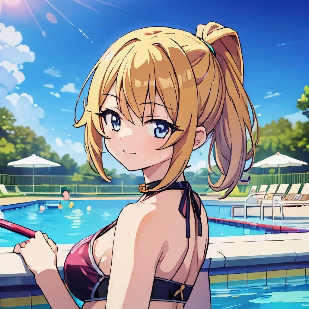 ((masterpiece)), ((best quality)), (ultra-detailed), anime style, pool, a cute girl, 1girl, solo, ((beautiful eyes)), smile, bikini00,
