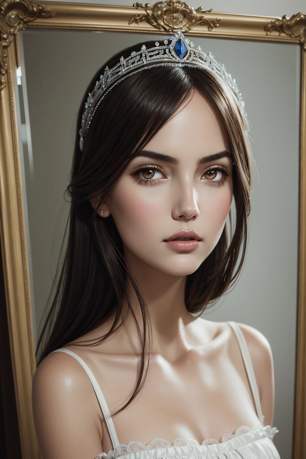 36k, portrait Camilla Belle, wearing french maid tiara costume, against the background of a mirror, character portrait, 5 9 9 0 s, long hair, intricate, elegant, highly detailed, digital painting, artstation, concept art, smooth, sharp focus, illustration, art by wlop, charlie bowater and alexandra fomina