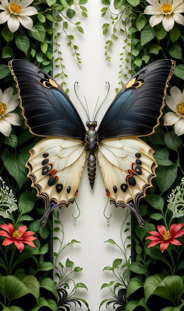 A high-resolution (symmetry image) of (a giant butterfly:1.5), exclusively in ((black and white colors):1.8), with intricately detailed (feathery wings:2). The butterfly’s wings have delicate, creating a striking monochromatic contrast. The background is filled with a lush arrangement of flowers in various stages of bloom, green leaves, and intertwining vines. The natural elements provide a vivid, colorful setting that enhances the dramatic black and white butterfly. The scene is brightly lit, highlighting the textures and details of the butterfly’s wings and the surrounding foliage.