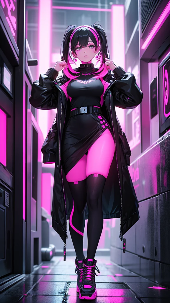 A woman in black and neon pink cyberpunk outfit full body