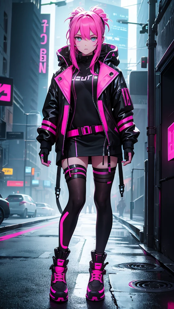 A woman in black and neon pink cyberpunk outfit full body