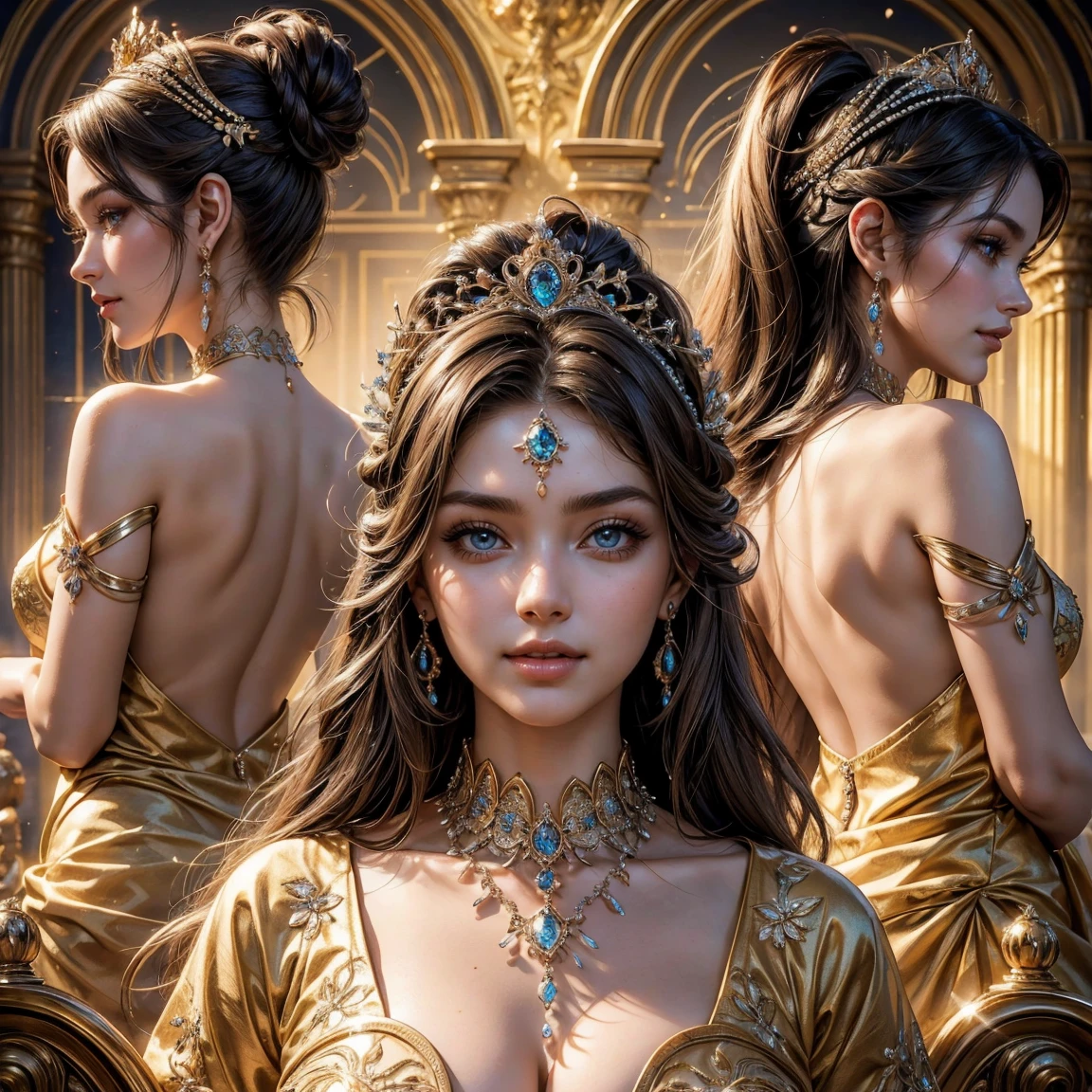 NSFW, (masterpiece, best quality:1.5), ultra detailed, high resolution, 16k, the most beautiful face in the world, perfect face, delicate facial features, highly detailed beautiful face and eyes, shiny skin, highly detailed background, elaborately designed clothes, fine cloth texture, BREAK, the incarnation of beauty, goddess of beauty, incredibly beautiful close-up macro photos of gorgeous and stunning face, highest princess in gorgeous and luxurious jewelry, perfect make-up, deeply in love, best smile, kiss, full of elegance, (three view drawing, front and back and side, character sheet:1.3)