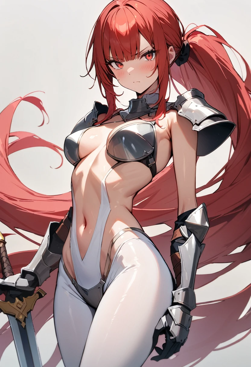((masterpiece,Highest quality:1.3)),cowboy shot,1woman,30 year old beauty,female knight solo,((very small head:1.2)),red hair,long hair,low ponytail,blunt bangs,red eyes,gorgeous eyes,Serious expression,medium breasts,((very long body:1.2)),((toned body,slender body,skinny)),gleaming skin,shiny skin,iron bikini armor、Iron Gauntlet、navel,Holding a sword、An accurate depiction of a knight's sword、standing,grassland、A Lot of Knights、sunny、battlefield、Medieval Europe、