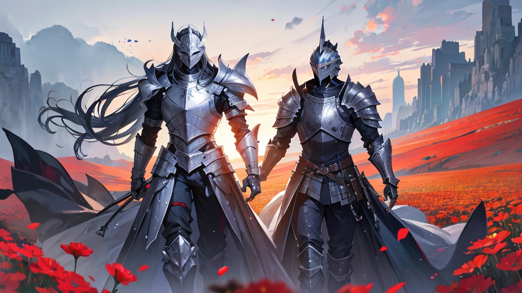 absurdres, high res, ultrasharp, 8K, masterpiece, 5 fingers each hand, 1 knight, 1 male, armor, full plate armor, flower field background, full head helmet