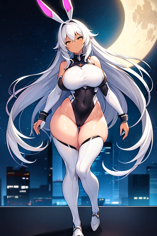 1girl, dark-skinned female, breasts, large breasts, wide hips, white hair, silver hair, grey hair, long hair, yellow eyes, serious, leotard, black leotard, futuristic, tech, science-fiction, neon, neon trim, neon lights, full body, ((full body)), bare legs, city, moon, nightsky, night sky, night, rabbit ears, mature female