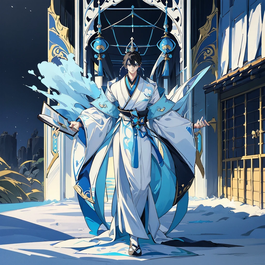 ((Genshin impact style)) (masterpiece), (high quality), (pretty boy face), 1 boy, 16 years, masculine and tall body, white skin, ((medium black hair)), ((light blue and cold eyes)), calm and neutral expression, designs from East Asian, Game character costume design, Japanese clothing style with a dark blue, white and black color palette, his is holding a book ((White background, Mathematical, blue astronomical details)), ((full body standing panting)) intricate details, lens flare，ultra high resolution，sharp focus，HD，8k，clear facial features，clear details，beautiful eyes，beautiful face
