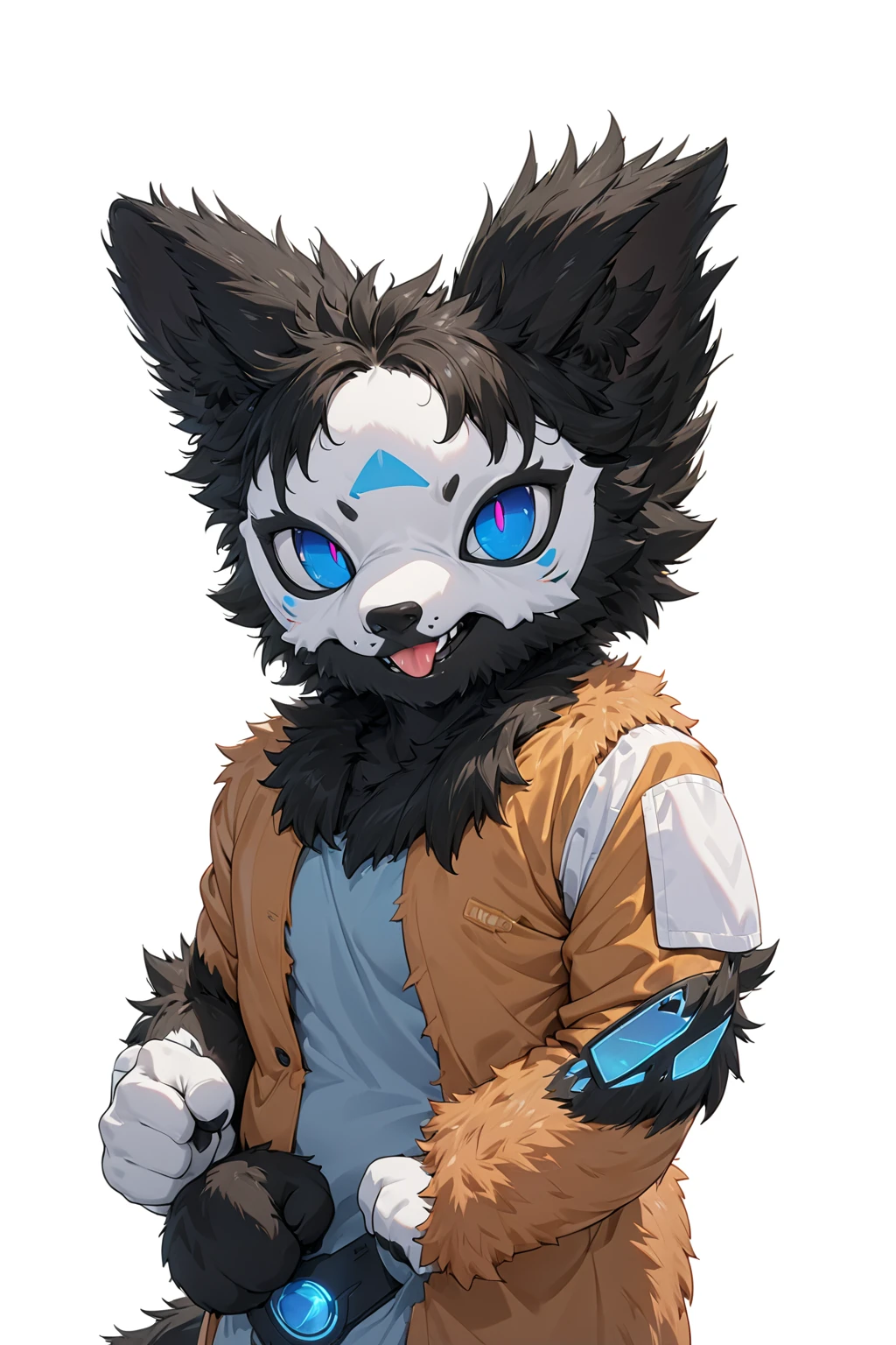 Black hair, Dark Skin, White Mask ,furry,make a fist, Pink tongue, Black nose, Black broken corner, fur garment, fur garment!!!!, hairy character, Full body mascot, hyena, SFW, macro hairy, hairy fursona, hairy, the hairy fur garment is running, Anthropomorphic coyote male, An anthropomorphic cyberpunk fox, hairy mawshot, hairy furaffinity, 8K, super detail, uhd, masterpiece, anatomically correct, ccurate, super detail, high details, high quality, best quality, highres, 16K