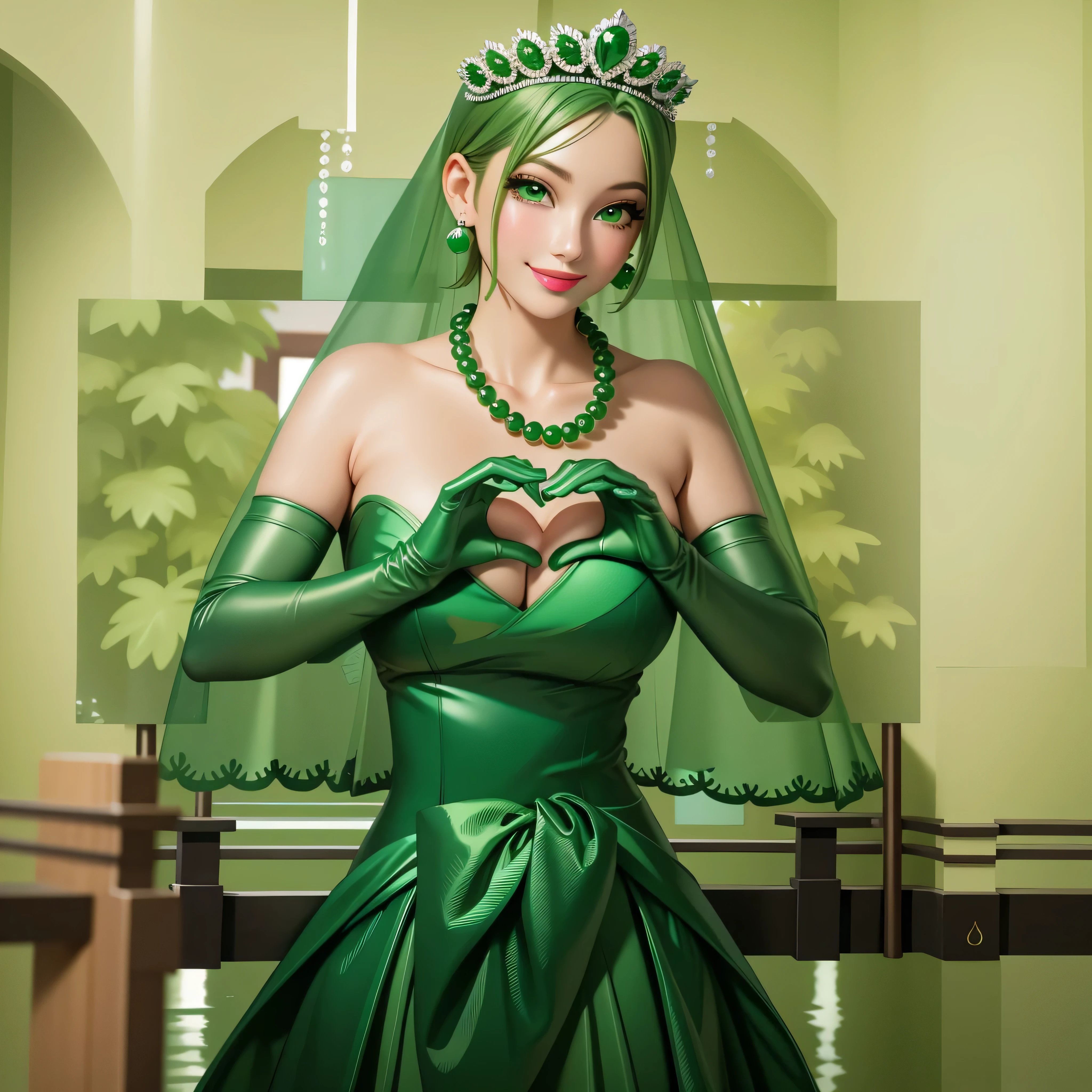 emerald tiara, Green Pearl Necklace, Boyish very short green hair, Green Lips, Smiling Japanese woman, Very short hair, Busty beautiful lady, Green Eyes, Green satin long gloves, Green Eyes, Emerald Earrings, Green veil, Heart with both hands, Green Hair, Beautiful Japanese Women, Heart shaped hands:1.3, green lip gloss