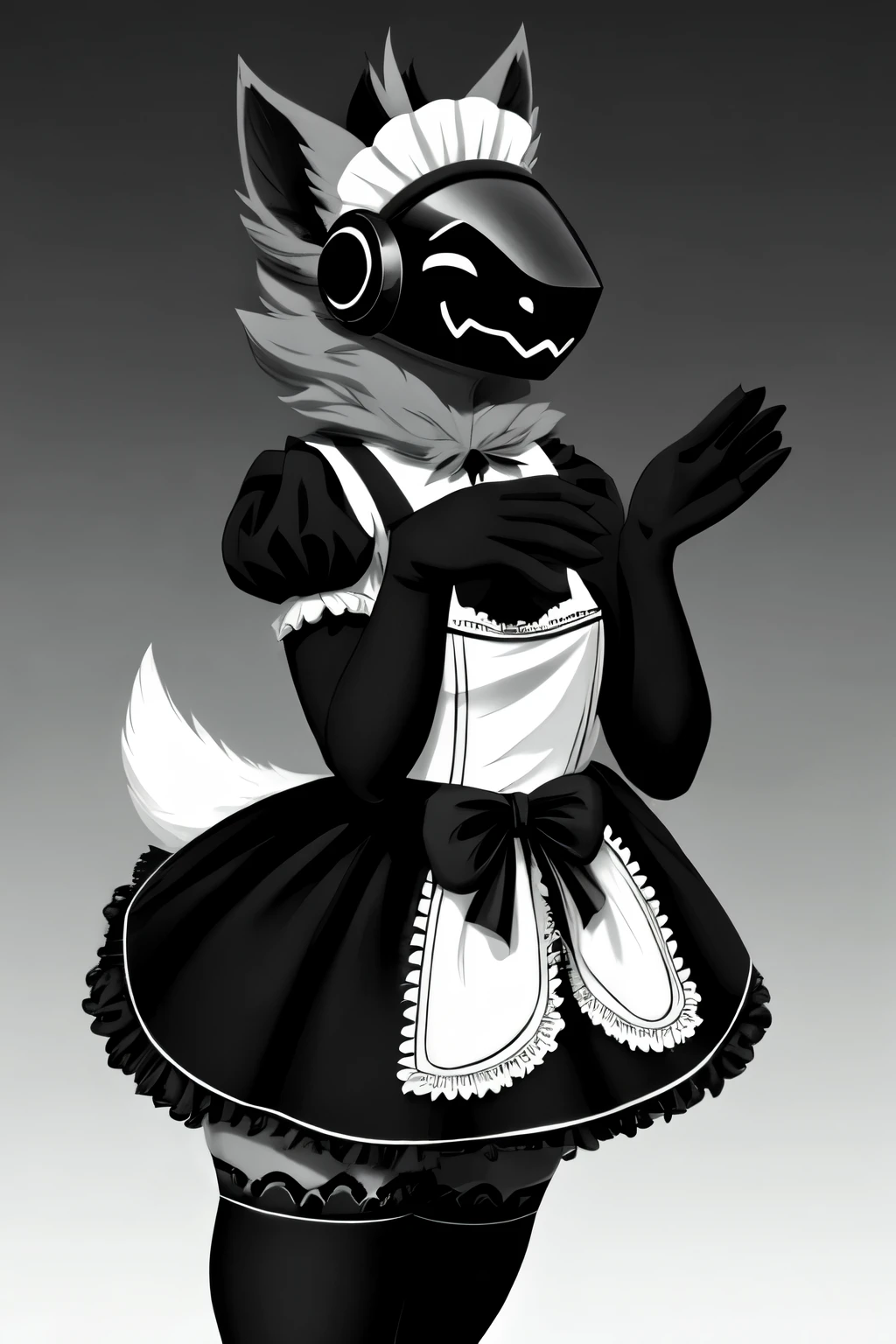 protogen, black maid dress, thigh highs, red gray and black fur, gradient background, monochrome visor screen, happy, separate eyes nose and mouth