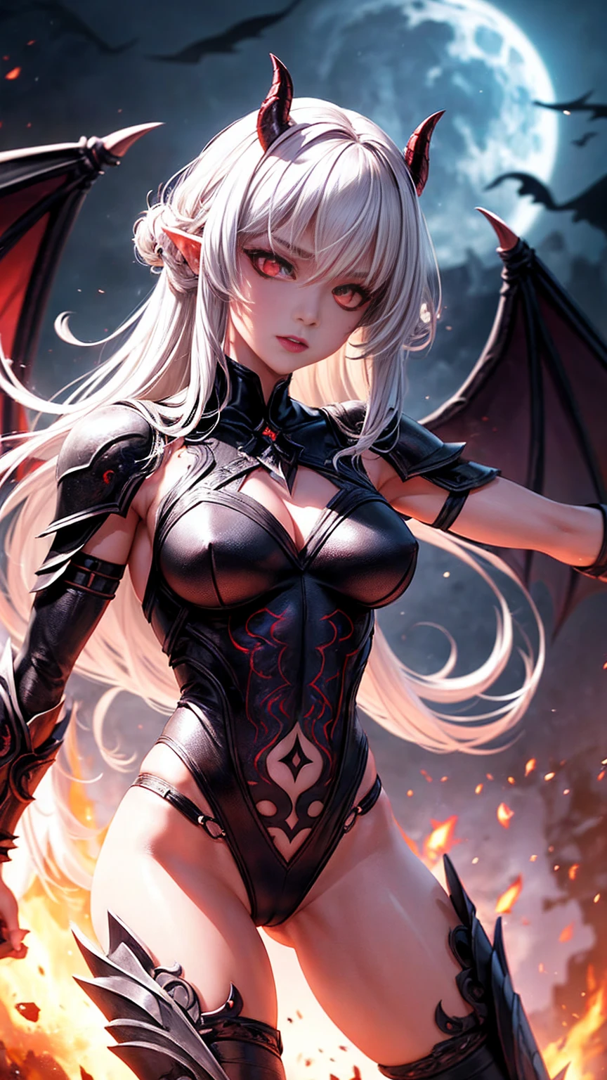 girl, demoness warrior, comprised of Antikythera mechanisms, dark, foreboding, dynamic action, dynamic motion, crouching, evil look, sexy, lowleg armour panties, claws, fangs, wings, busty,  demon tail, demonic armor, facepaint, bodypaint, red glowing eyes, combat stance, vibrant appearance, creative behavior, imaginative, sensual, spontaneous, highest quality, skin texture, intricate details, (cinematic lighting), RAW photo, 8k, under moonlight, nightmarish, full moon, firestorm, debris