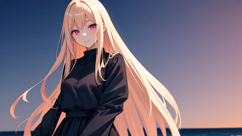 adult woman, pink eyes, long blonde hair, black dress, night, smile
