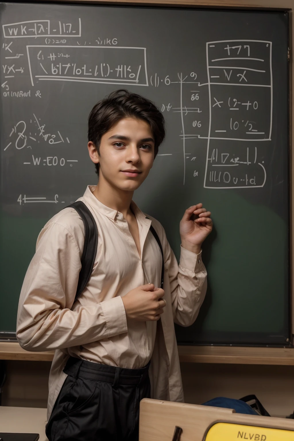 A beautiful young male twink, cute, with black hair and wearing an Arab outfit, is in his office and behind him is a blackboard with calculus written on it, and neon energy comes out of the blackboard as he looks on proudly.
