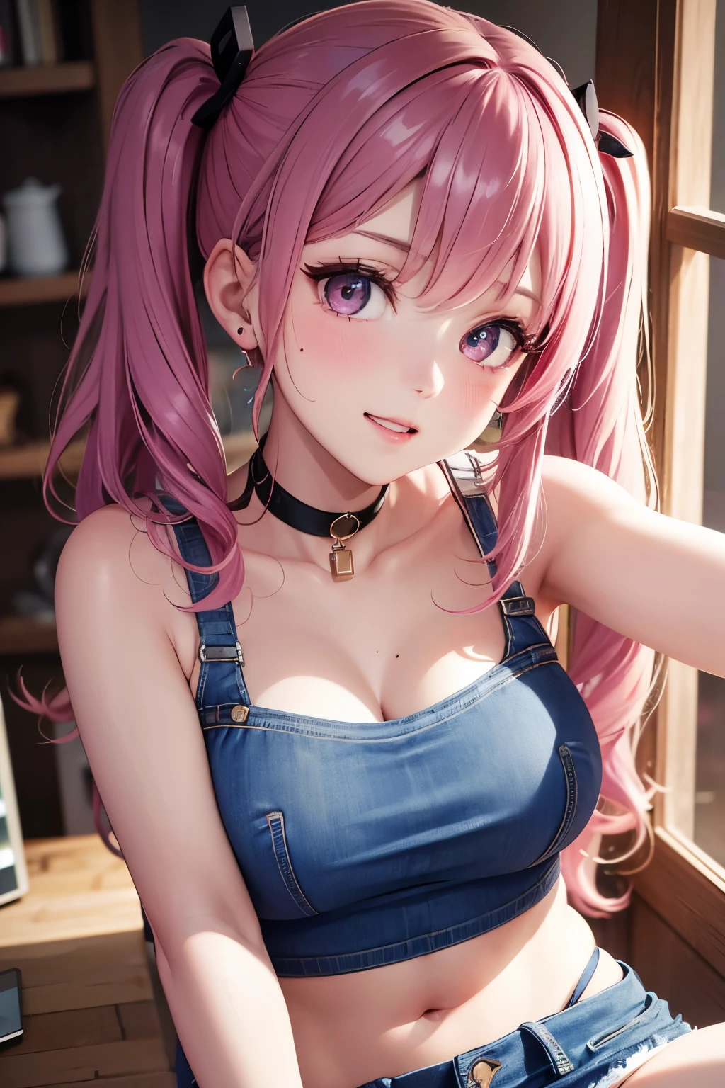 masterpiece, best quality, highly detailed, high resolution, expensive resolution, high resolution, 4k, 8k, uniform 8k wallpaper, highly detailed CG, masterpiece, 2d, 3d, beautiful details, depth, fine texture, best quality: 1.3, perfectly focused, crispy. skin, him, very cute anime girl, name is Mei, short twintails, idol, tank top, denim mini skirt, pink short twintails wearing expensive, mole under eye, looking at the viewer, expensive, blush, mole, parted lips, pink eyes, heart shaped choker, smiling face