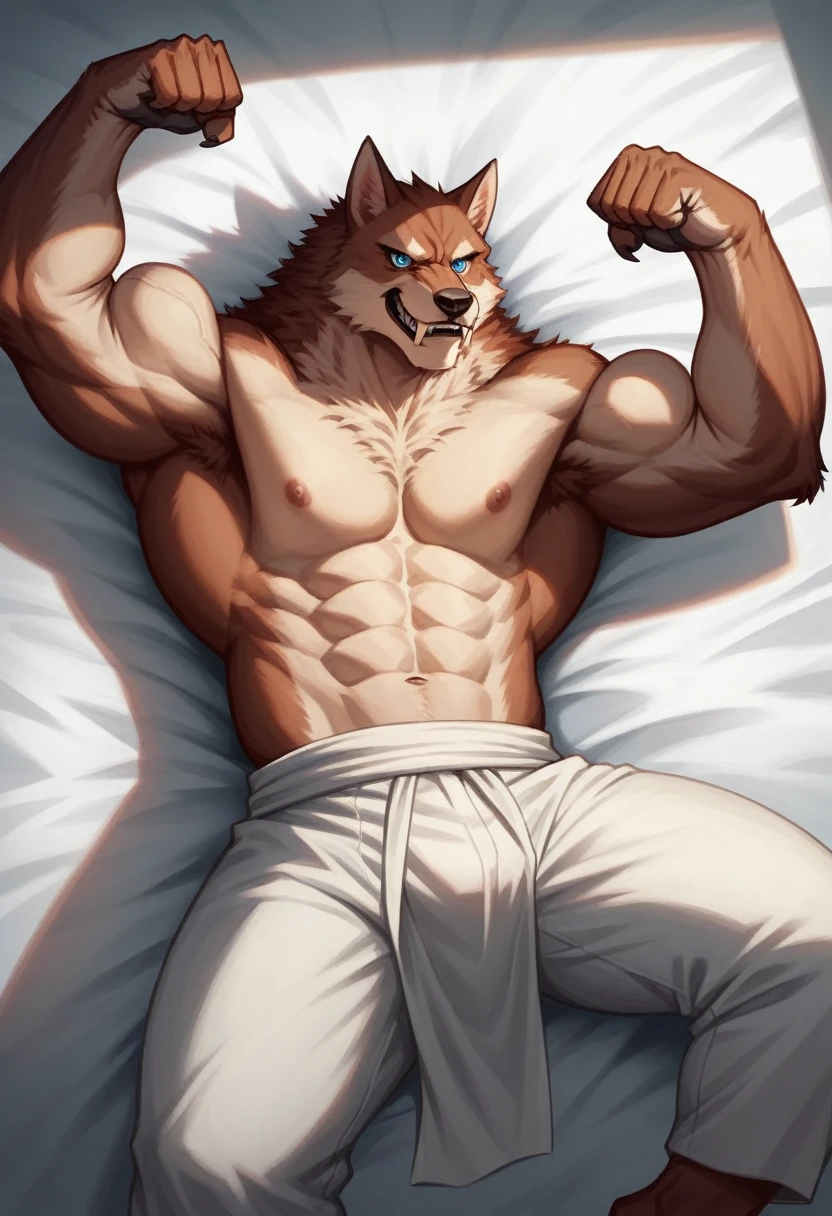 a muscular werewolf, detailed fur texture, sharp fangs, blue eyes, claws gripping on bed sheet, aggressive expression, in bed, laying face up position, moody dramatic lighting, intricate details, 4k, best quality, masterpiece, anime style, flexing muscles, flexing biceps, flexing eight pack abs.