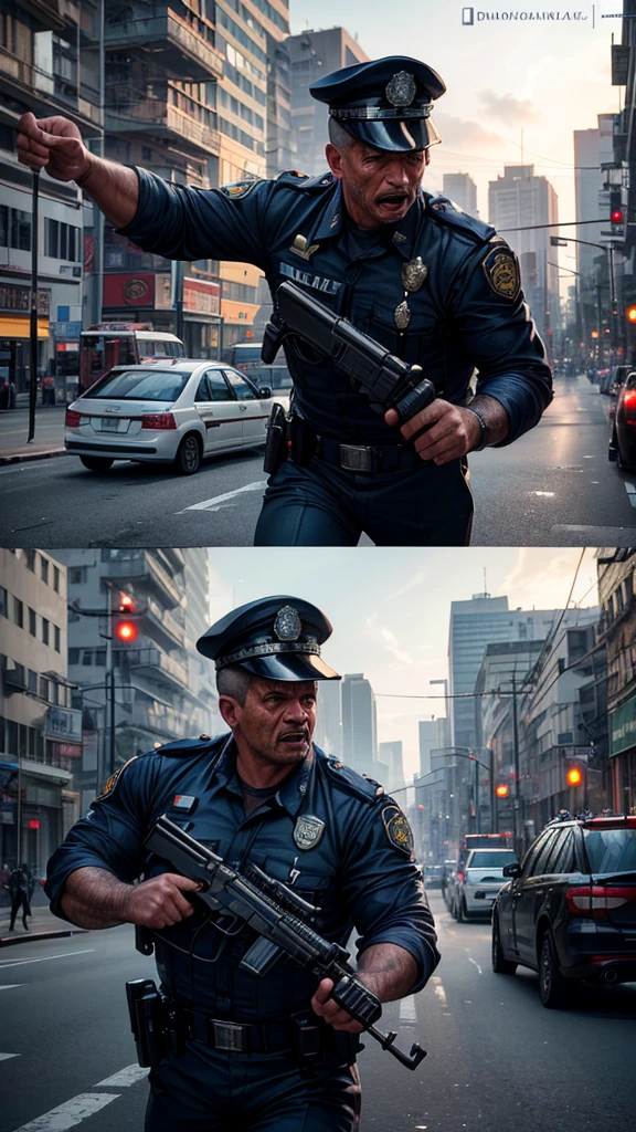 a police officer arresting a criminal on the streets of Sao Paulo, highly detailed, 8k, photorealistic, dramatic lighting, cinematic composition, intense facial expressions, detailed uniforms and equipment, gritty urban environment, São Paulo cityscape in the background, (best quality,4k,8k,highres,masterpiece:1.2),ultra-detailed,(realistic,photorealistic,photo-realistic:1.37)