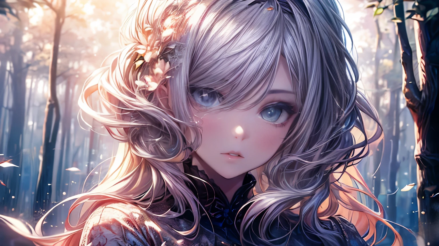 (best quality,8K,CG),detail upper body,lonesome girl,floral dress,forest background,detailed facial features,elegant long hair,almond-shaped eyes,detailed eye makeup,long fluttering eyelashes,blinking big eyes,twinkling stars,complex lip details,soft style