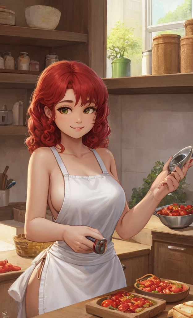 (masterpiece, Best quality, A high resolution, A high resolution:1.2), extremely detailed, realistic, complex parts, portrait at the table, Shot at eye level, Naomi, beautiful 27 year old Filipina, , Filipina with natural breasts, in a white T-shirt , green apron apron , curly red hair, in cooking, cooking in the kitchen , From Side, smiling. Holding a large can of tomatoes in his hands. pickles tomatoes