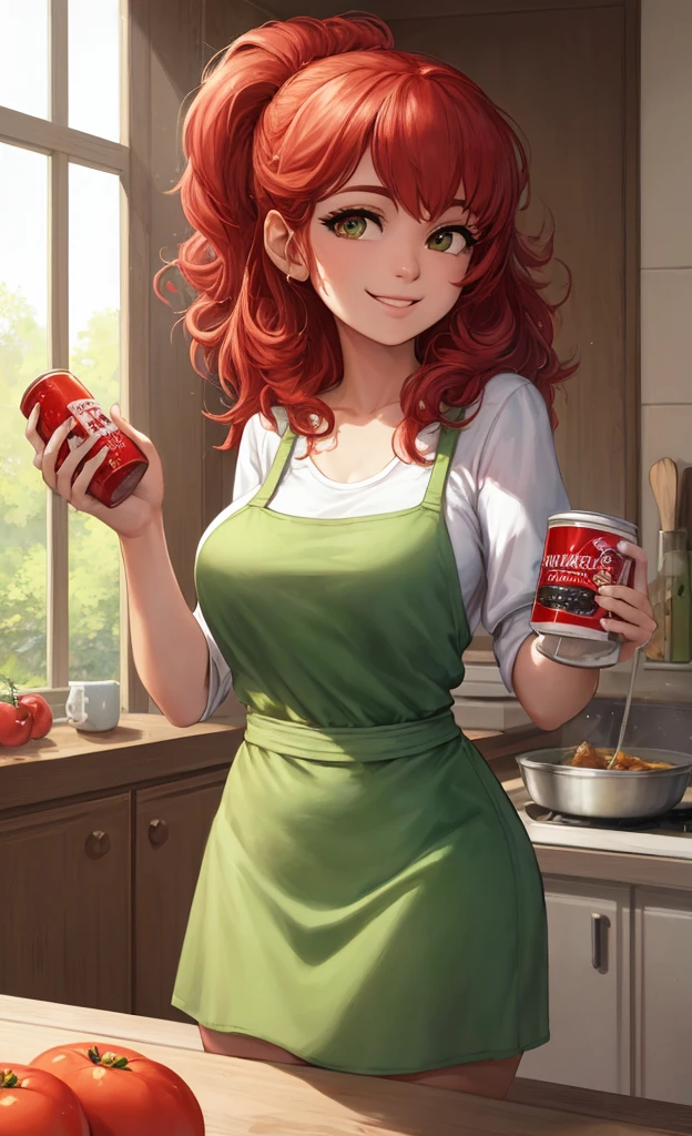 (masterpiece, Best quality, A high resolution, A high resolution:1.2), extremely detailed, realistic, complex parts, portrait at the table, Shot at eye level, Naomi, beautiful 27 year old Filipina, , Filipina with natural breasts, in a white T-shirt , green apron apron , curly red hair, in cooking, cooking in the kitchen , From Side, smiling. Holding a large can of tomatoes in his hands. pickles tomatoes