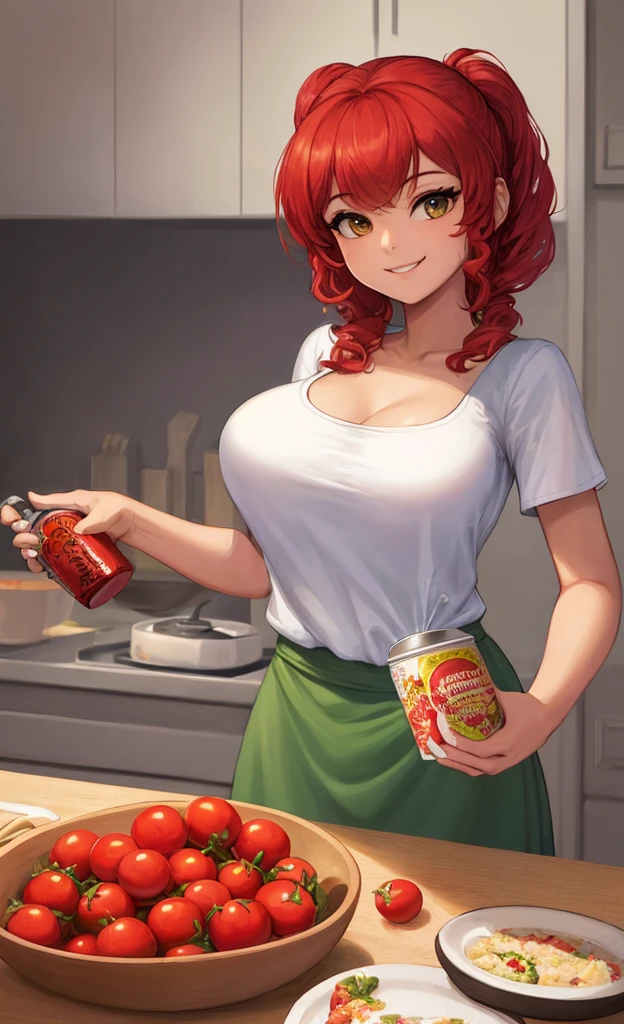 (masterpiece, Best quality, A high resolution, A high resolution:1.2), extremely detailed, realistic, complex parts, portrait at the table, Shot at eye level, Naomi, beautiful 27 year old Filipina, , Filipina with natural breasts, in a white T-shirt , green apron apron , curly red hair, in cooking, cooking in the kitchen , From Side, smiling. Holding a large can of tomatoes in his hands. pickles tomatoes
