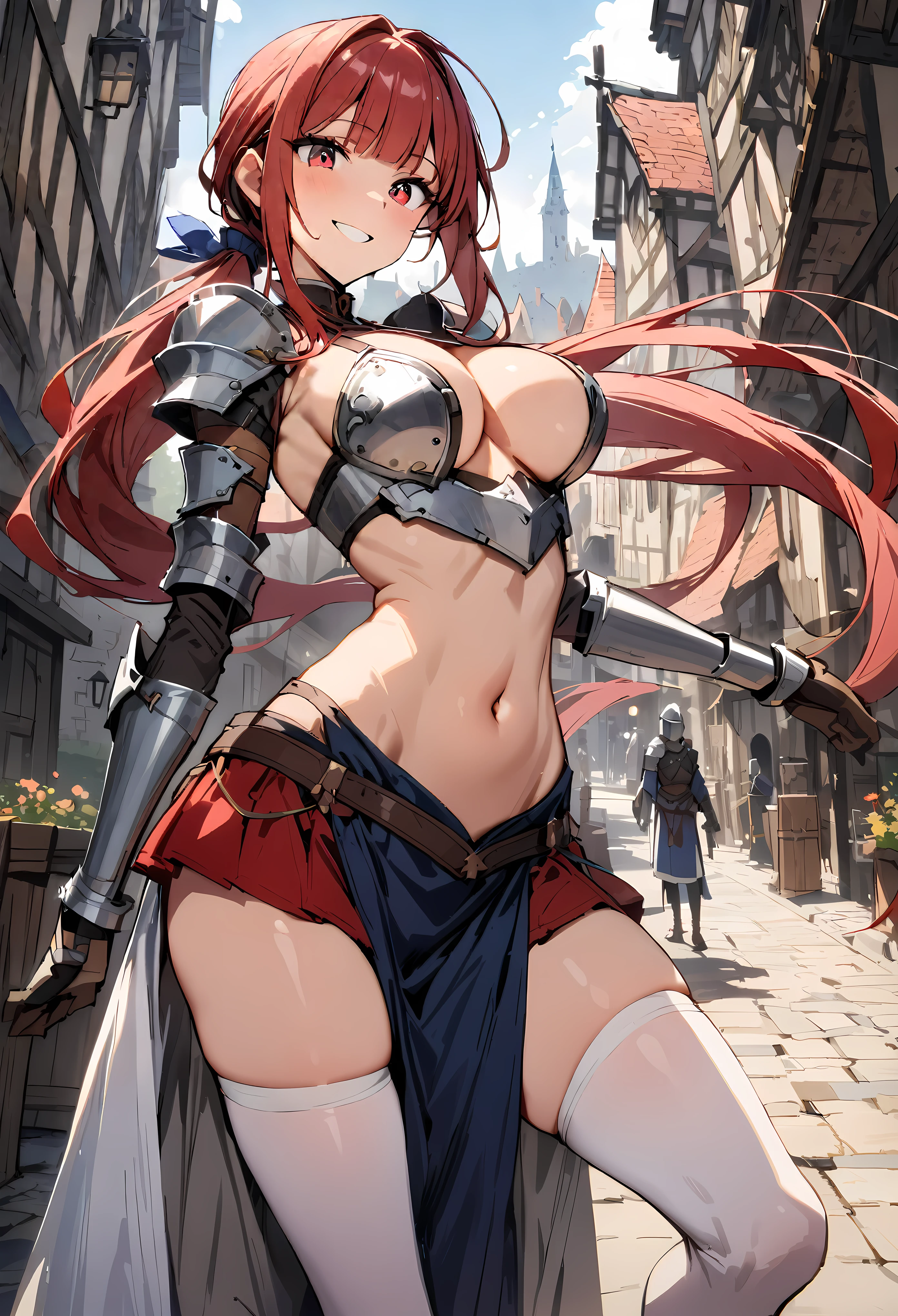 ((masterpiece,Highest quality:1.3)),cowboy shot,1woman,30 year old beauty,female knight solo,((very small head:1.2)),red hair,long hair,low ponytail,blunt bangs,red eyes,gorgeous eyes,smile,medium breasts,((very long body:1.2)),((toned body,slender body,skinny)),gleaming skin,shiny skin,iron bikini armor、Iron Gauntlet、navel、Red mini skirt,standing,city、sunny、Medieval Europe、