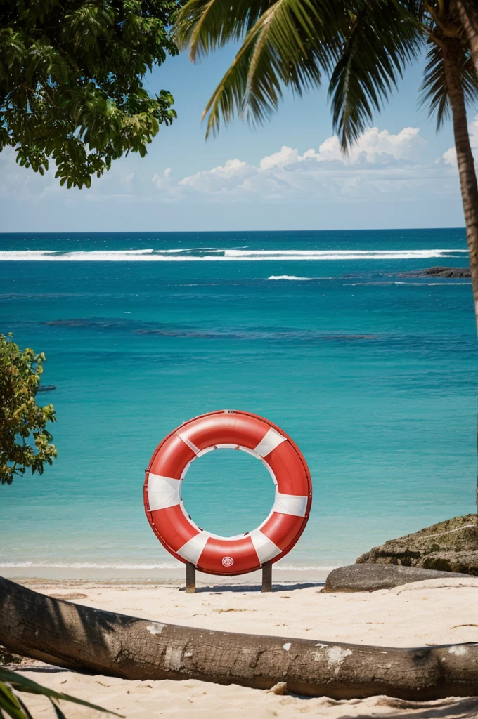 Promotional image with a lifebuoy in the center and the acronym S written inside.or.S and below in capital less written "So Jesus saves" and in the background an image of a beach with trees and the seashore 