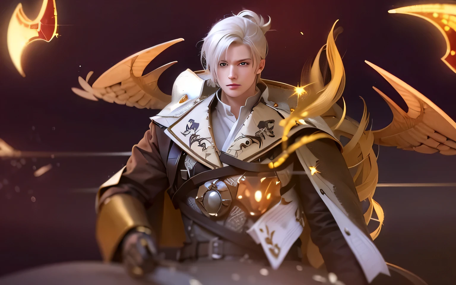 masculine male, masterpiece, ((perfect eyes)) best quality, (semirealism:1.9), beautiful lighting, (extremely detailed CG unity 4k fhd wallpaper), High Detail, Sharp focus, dramatic outdoors, 1 boy ,19 years old, white hair, light purpel eyes, smile.